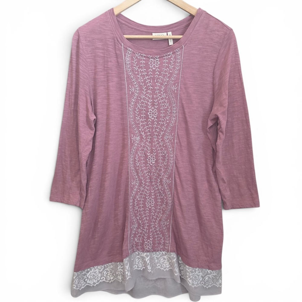 LOGO Lori Goldstein Top Womens Medium Mauve Embroidered Tunic Ruffle Hem